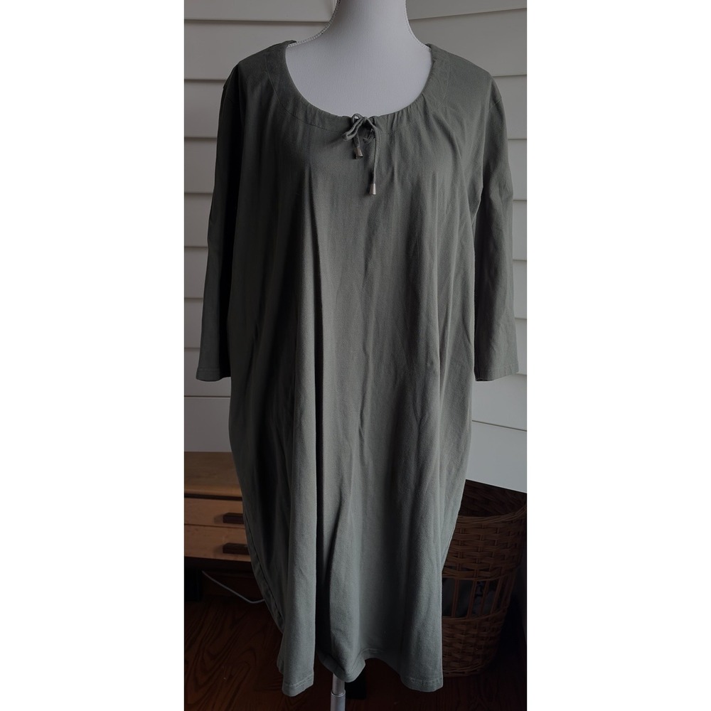 Ulla Popken Plus 20 22 Olive Green Knit Midi T Shirt Dress Relaxed‎ Tie Neck